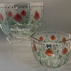 Orrefors Kostaboda Glass bowls (2) with Red and Green Floral Design